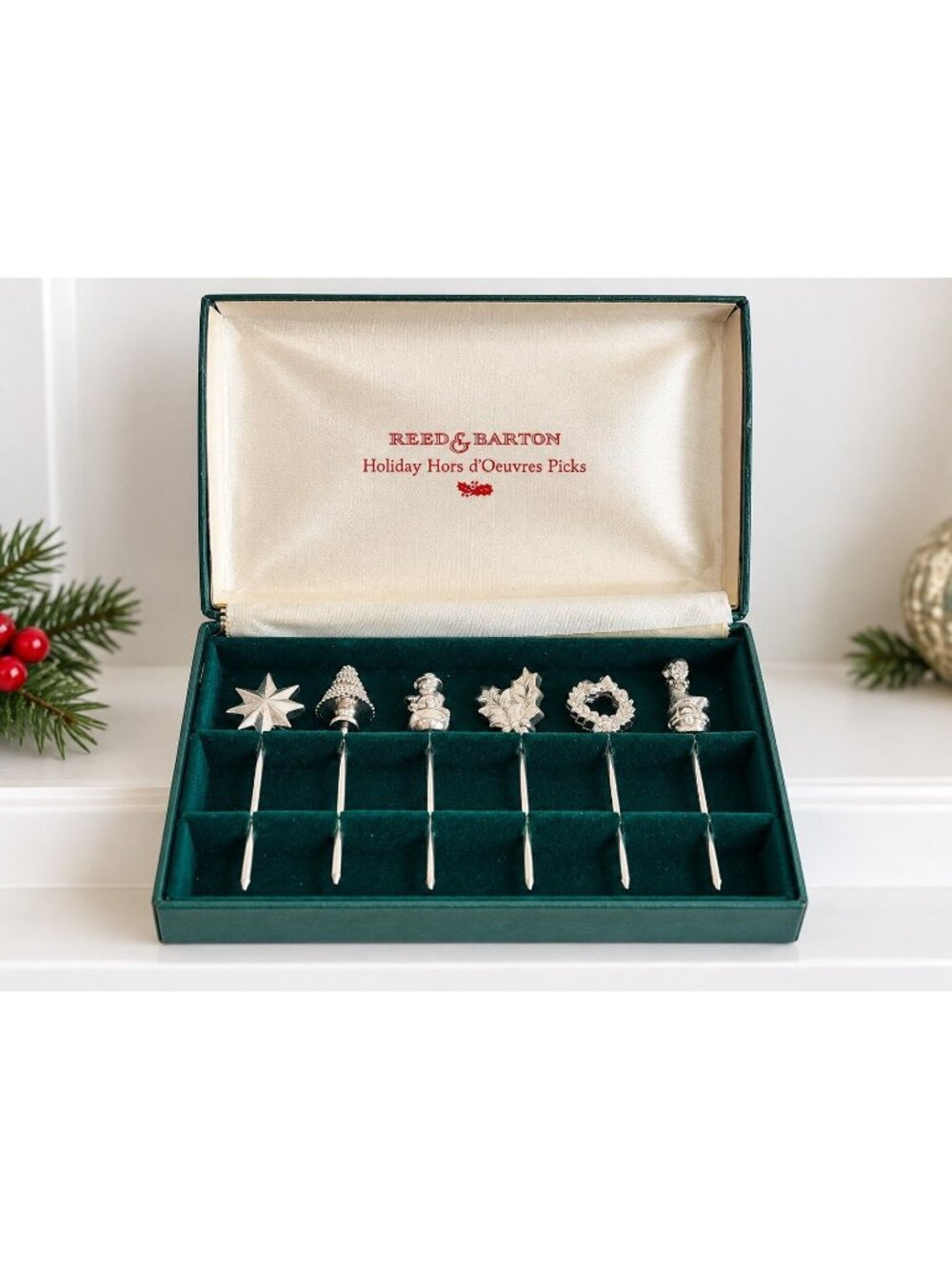 Vintage Reed & Barton Holiday Hors d'Oeuvres Picks Set of 6 Silverplate Boxed